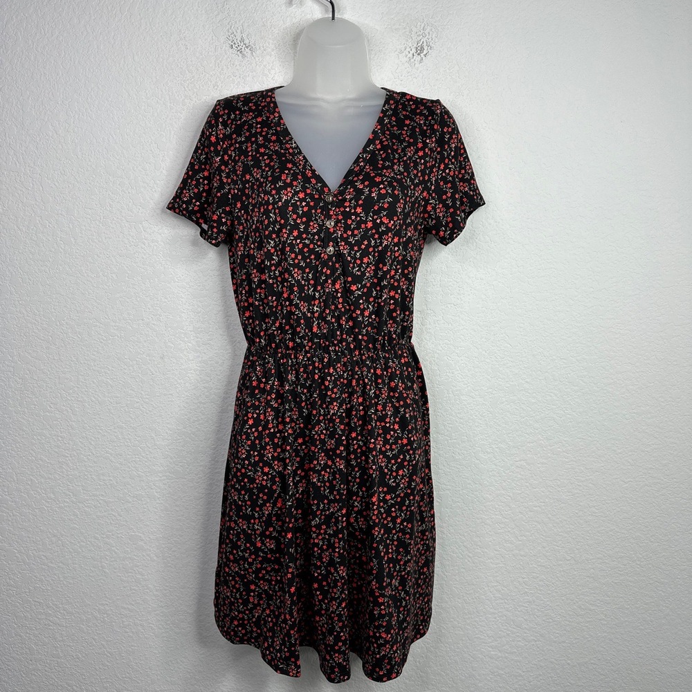 French Grey Dress Womens M Black Floral Short Sleeve Boho Whimsigoth Cottagecore